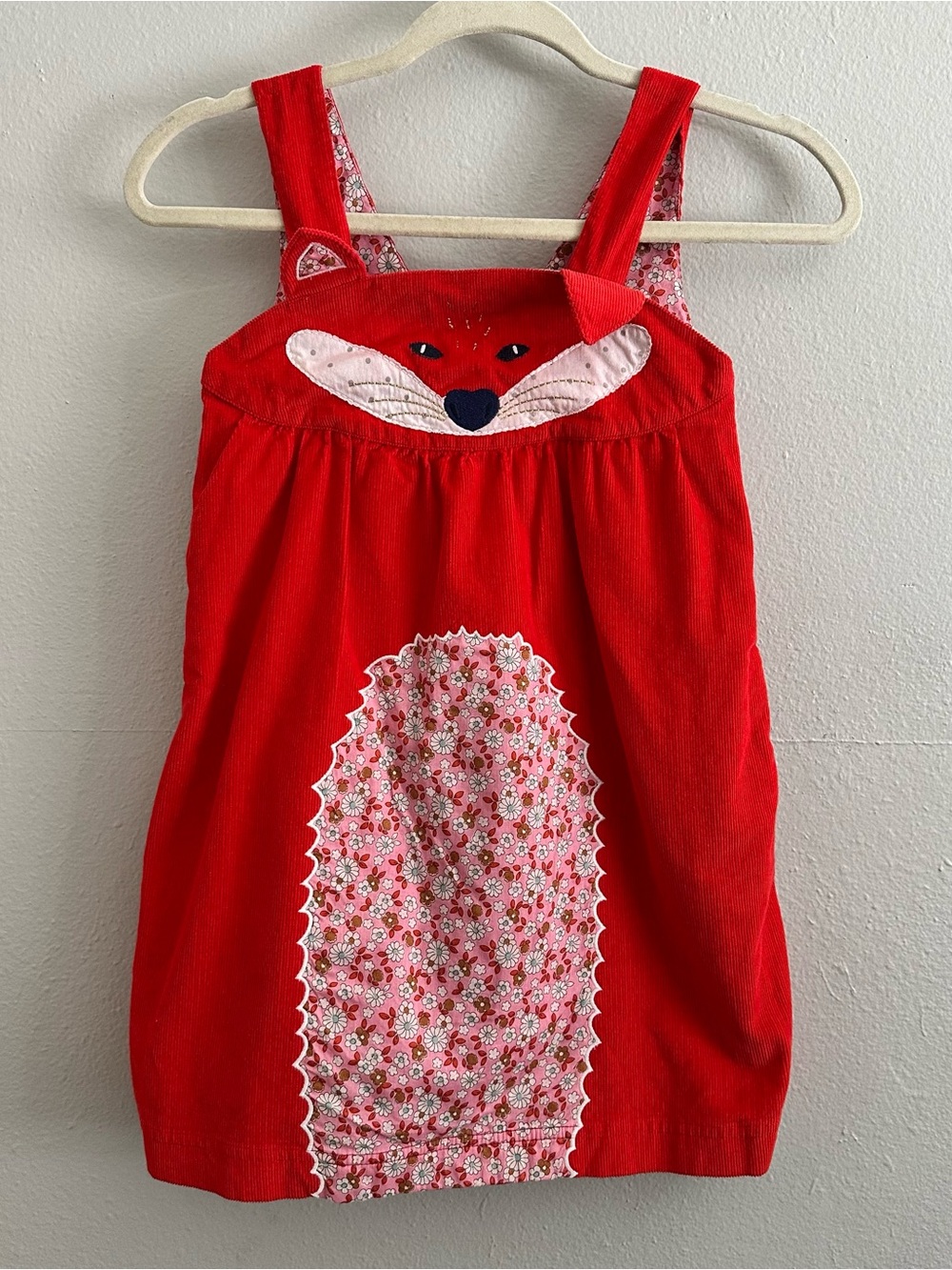 Mini Boden: Girls sz 7-8 128cm Red Fox Corduroy Jumper Dress ,Floral Lining Cute